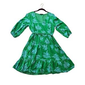 Gibsonlook Tropical Resort Mini Dress S Leaf Print V Neck Tie Waist Vacation